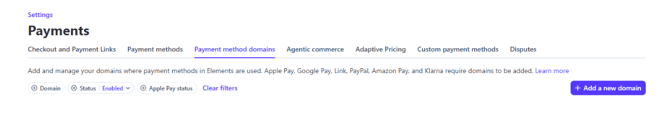 2. Payment method domains section – adding a new domain.