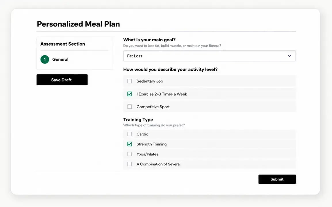 A real questionnaire flow in SPREAM—from goals and activity levels through to submission.