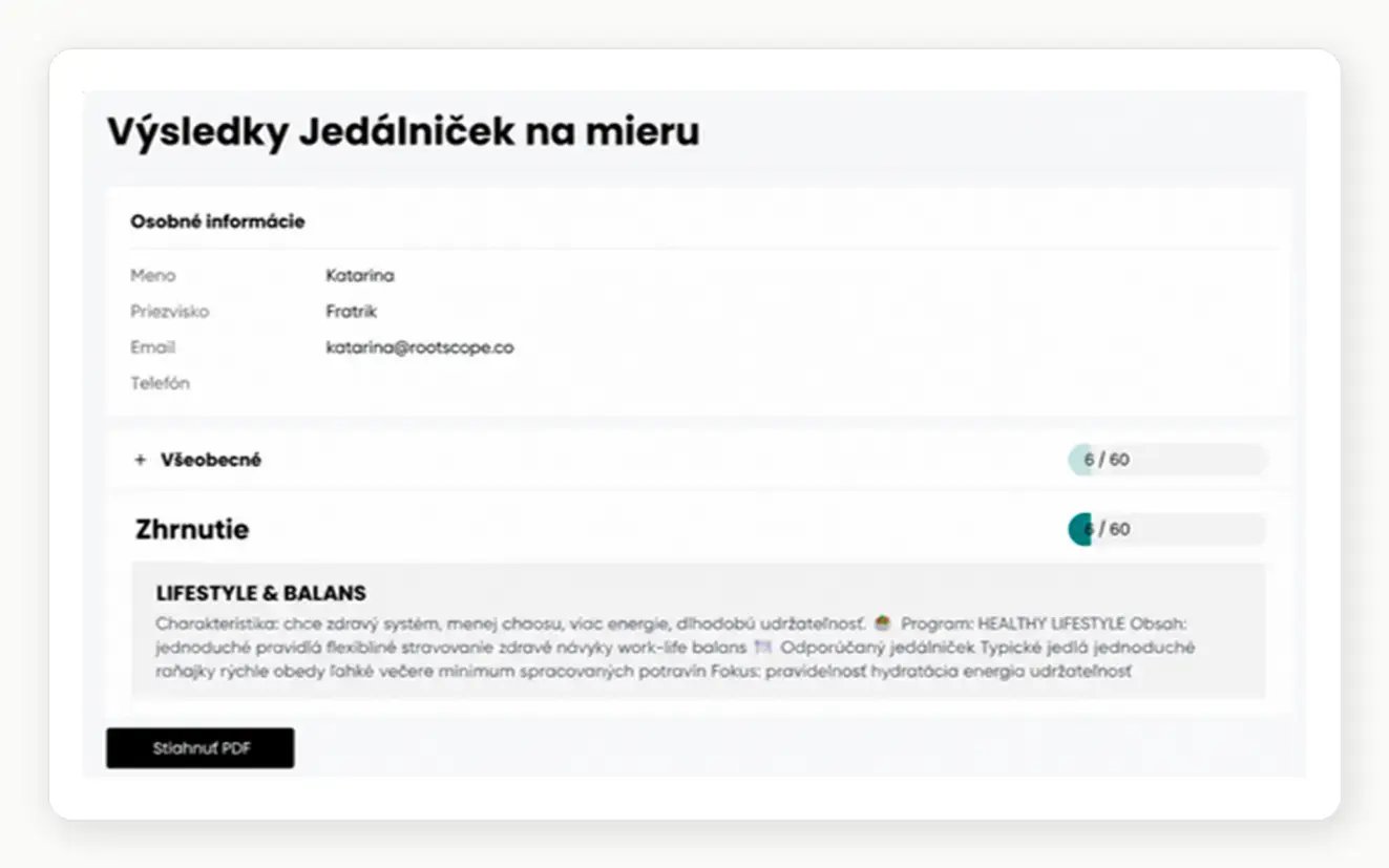 Klient okamžite vidí svoj výsledok aj konkrétne odporúčania — reálny výstup priamo zo SPREAM-u.