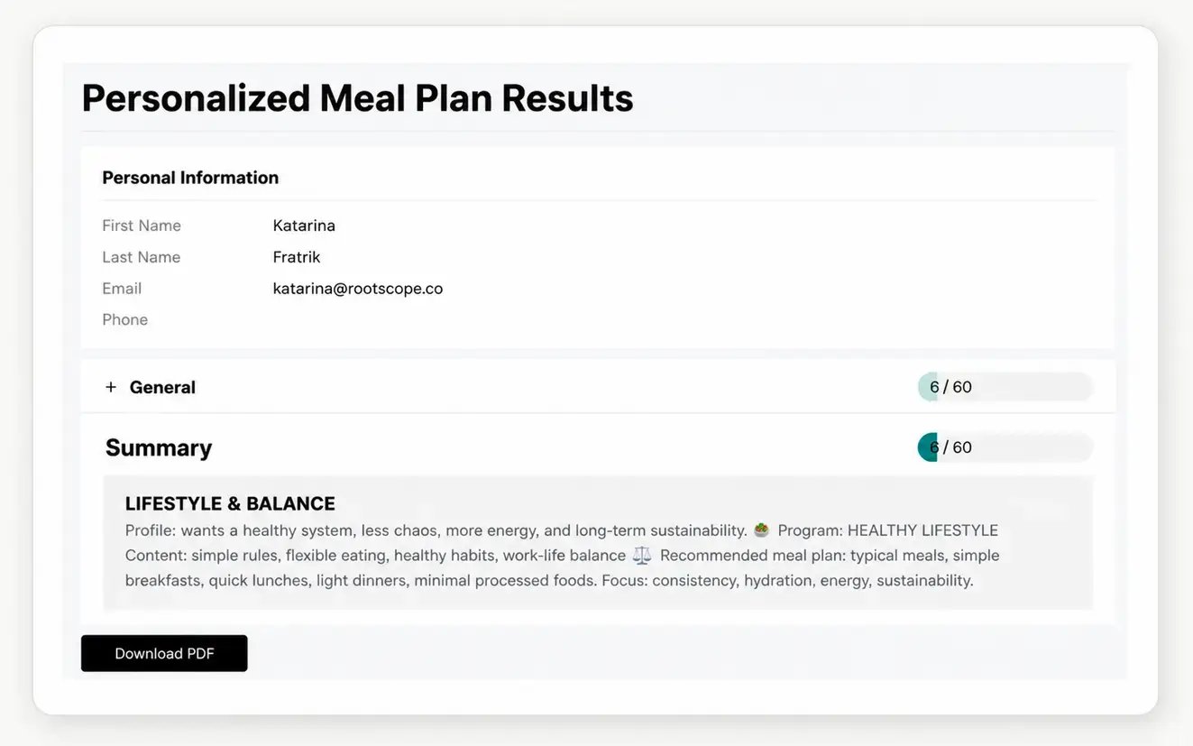 The client immediately sees their result and specific recommendations—a real output generated directly in SPREAM.
