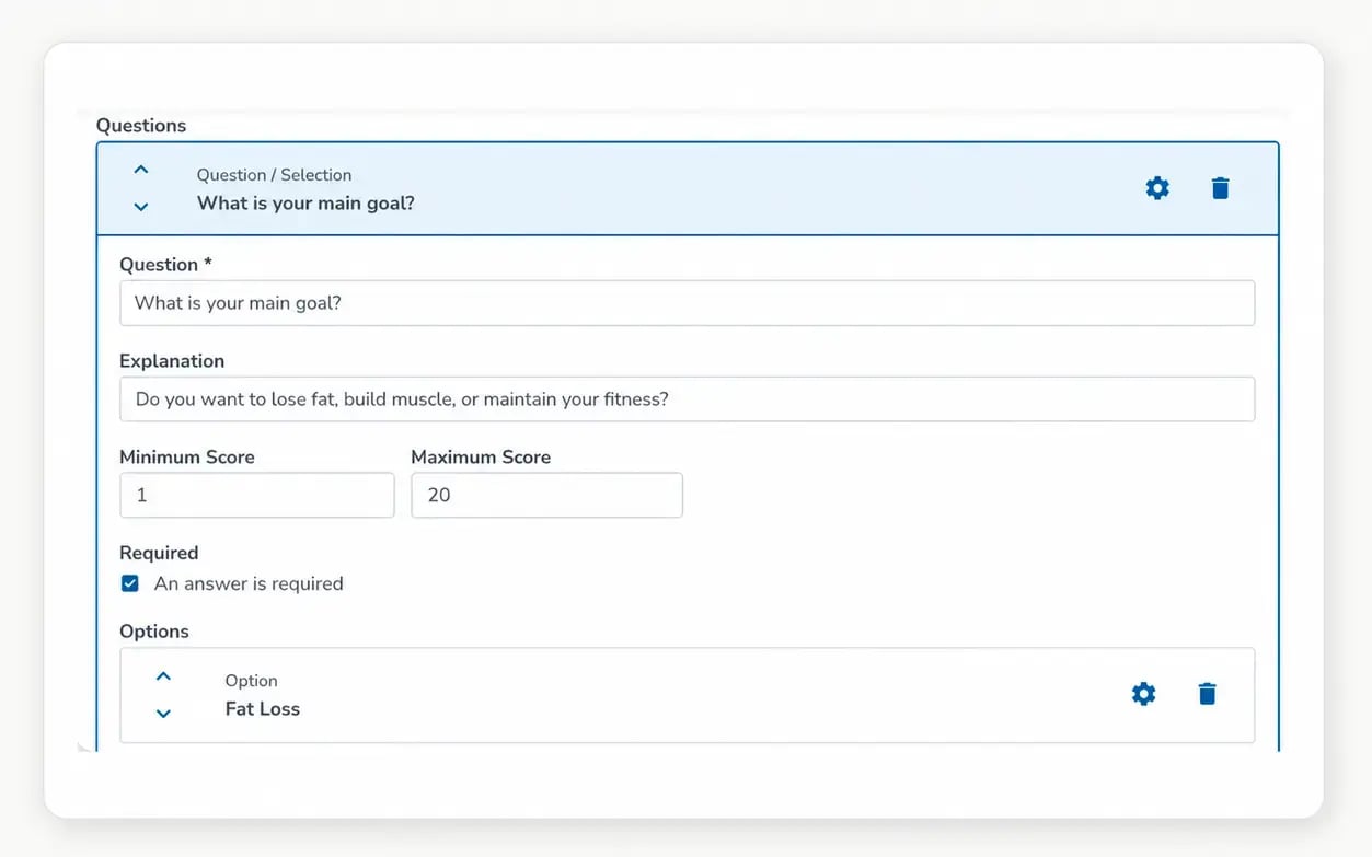 This is exactly how you set up your own questions, scoring, and assigned outcomes—without sending a single manual message to the client. 2